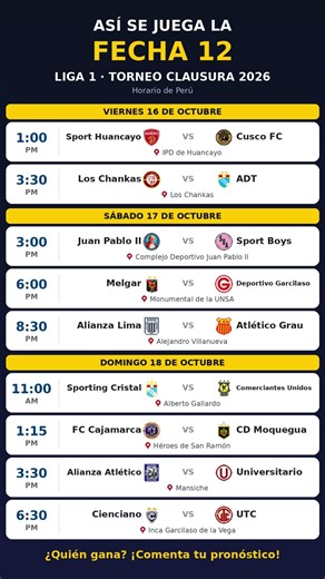 ⚽ Programación fecha 12 Liga 1 Perú Clausura 2026: horarios y dónde se juega