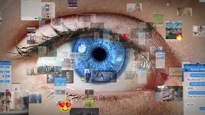 Animated Background with Virtual Social Media Reality Interconnected by Internet Into Worldwide Web. Eye Background. Internet of Things. Videos, Avatars, Emoji, Profiles. Metaverse.