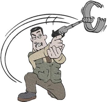 Determined cartoon man with grappling hook gun action embroidery designs - Insta