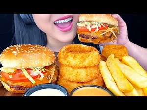 ASMR ONION RINGS, BBQ CHEESEBURGER, FRENCH FRIES (Crunchy Soft Eating Sounds) *No Talking* ASMR Phan