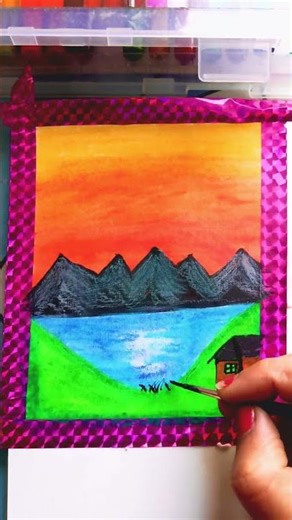 Beautiful Sunrise 🌄 Mountain And River, home Drawing Nature Drawing#art#shortsfeed #river#artwork