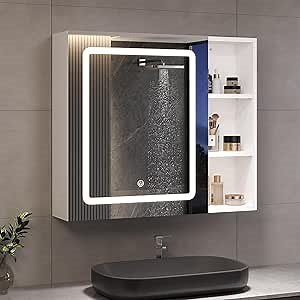 DICTAC Medicine Cabinets with Mirror and Led Lights Wall Mounted Bathroom Storage Cabinet with Sliding Mirror Door Lighted Medicine Cabinet Organizer with Adjustable Shelves & Storage Open Space,White