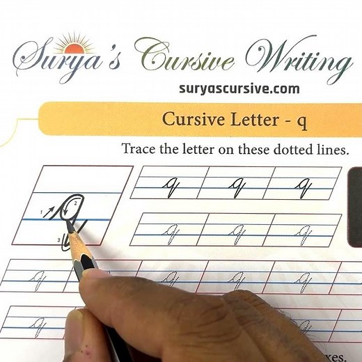 Small Letter "q" in Cursive | SuryasCursive.com #cursive #cursivewriting #handwriting