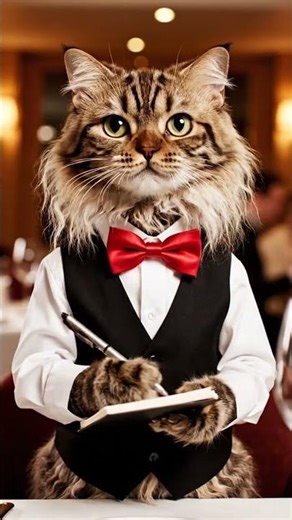 A LaPerm Cat is working as a Waiter / Waitress