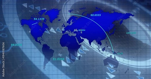 Stylized blue world map animating curved trade arcs when numeric labels update, showing tech flows