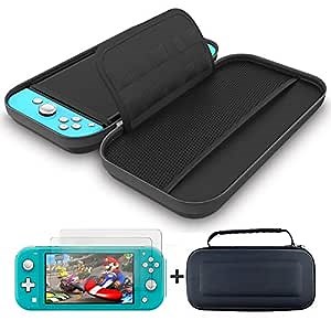 GH Switch Lite Case and Screen Protector x2, 1680d Nylon Fabric Black Carrying Case Compatible with Nintendo Switch Light, Ultra Clear Screen Protector Tempered Glass x2