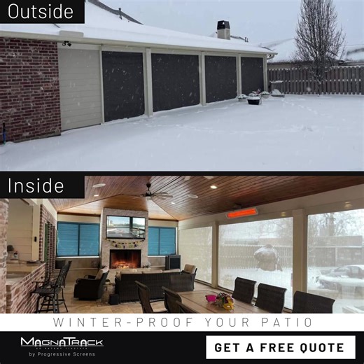 Winter weather doesn’t have to end your outdoor living! MagnaTrack motorized screens protect against cold and snow, letting you enjoy your patio well into the season. Fill out the form on our website for a free quote and ensure your outdoor space is ready for holiday gatherings and year-round comfort. | MagnaTrack Screens