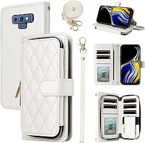 Wallet Case for Samsung Galaxy Note 9 with Detachable Wrist Strap, Crossbody Shoulder Strap, 9+ Card Slots Zipper Purse, Luxury PU Leather Stand Cell Phone Cover for Note9 Not S9 Women White