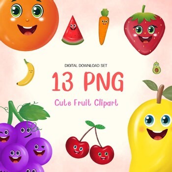 Cute Fruit Clipart Set | 13 PNG Digital Download | Kawaii Fruits