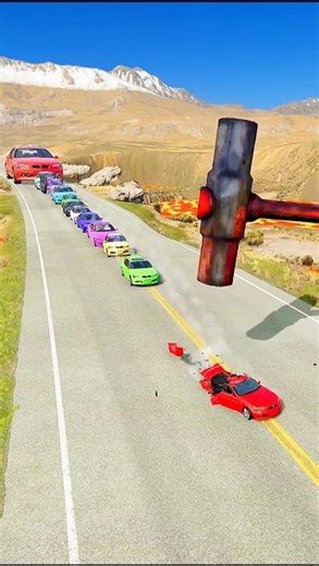 Colorful Cars vs Giant Hammer 🔨🚗🔥 | Lava Road Challenge 🌋😱 Funny 3D Car Crash Game for Kids 👶🎮🌈