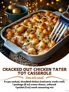Cracked 😊 Out Chicken Tater Tot Casserole Ingredients: 4 cups cooked, shredded chicken (rotisserie works well) 1 package (8 oz) cream cheese, softened 1 packet (1 oz) ranch seasoning mix 1 cup sour cream 1 can (10.5 oz) condensed cream of chicken soup 2 cups shredded cheddar cheese 1 cup cooked and crumbled bacon 1 package (32 oz) frozen tater tots 1/2 cup chopped green onions (optional for garnish) Directions: 😋 | Easy Recipe For You