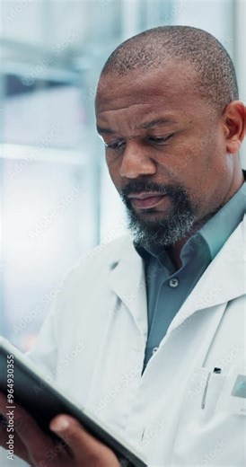Black man, doctor and tablet with healthcare, clinic or hospital software for patient history or test results. Medical worker or physician on digital technology for online research or problem solving