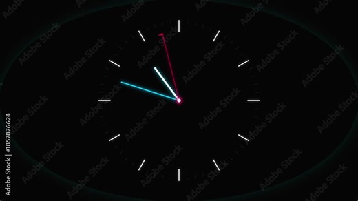 Dark Mode Analog Clock Animation Loop with Neon Blue and Pink Hands for Modern Time and Tech Visuals