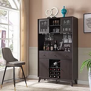 OKD Bar Cabinet, Mid Century Modern Kitchen Hutch Storage Cabinet with Wine and Glass Rack, Storage Shelves, and Drawers, Buffet Sideboard Cabinet for Home Kitchen, Dining Room, Espresso 72 Inch