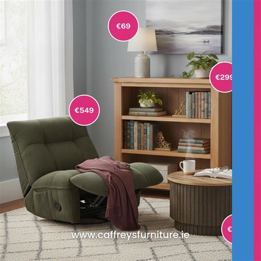 Create your perfect reading nook ✨ Soft lighting, a comfy chair and a quiet corner… what more could you need? Products featured: Fenick Electric Swivel Chair (€549) Saoirse Oak Low Bookcase (€299) Tripoli Coffee Table (€279) Mylah Ceramic Table Lamp (€69) Explore more cosy home inspiration at www.caffreysfurniture.ie or visit us in-store. #ReadingNook #caffreysfurniture | Caffreys Furniture