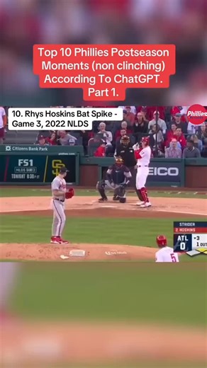 3K reactions · 206 shares | Here’s part 1 of the Top 10 Phillies postseason moments (non clinching) according to ChatGPT How’s this list so far? #Phillies #MLB -  FOLLOW ➡️ @Philliesupdates_ for all Phillies content! | Fightin Phils | Facebook