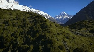 Mt Cook, New Zealand - Aerial view by drone flying over Hooker valley track, in Mt Cook National Park, New Zealand. Travel destination in Mt Cook, New Zealand.