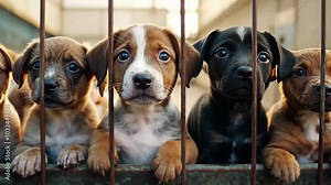 Five adorable sad puppies behind bars waiting for adoption at a local animal shelter