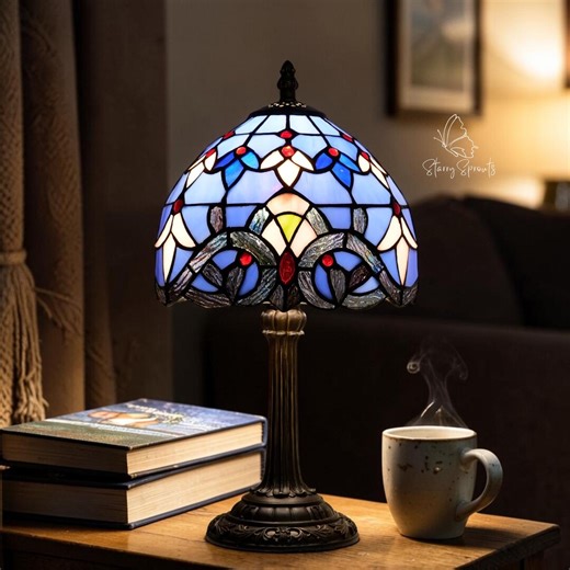 Vintage Stained Glass Table Lamp, Tiffany Style Bedside Lamp, Handmade Desk Lamp, Baroque Pattern Night Light, Bedroom Living Room Decor - Etsy