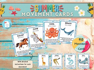 Summer Animal Movement Cards: Kids Activity, Printable (PDF)