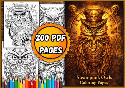 Steampunk Owls Coloring Pages – 200 PDF Pages - Etsy UK