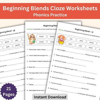 Beginning Blends Cloze Sentences Worksheets – Blending and Reading Practice