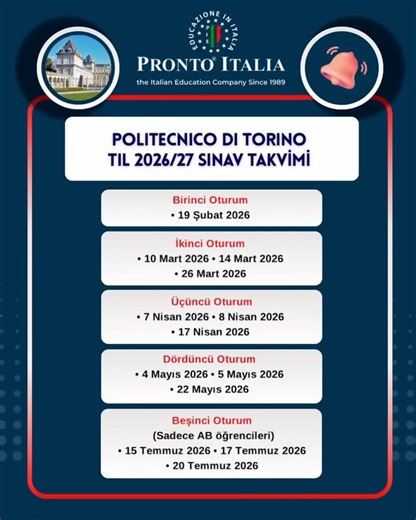 PRONTOITALIA EĞiTiM on Instagram: "Politecnico di Torino Mühendislik Sınav Takvimi Açıklandı! 🚀 2026/27 yılı için TIL sınavına girmeyi planlayan öğrenciler için tarihler belli oldu. Tüm oturumlar Polito’nun laboratuvarlarında yüz yüze gerçekleştirilecek. 🔧 İngilizce mühendislik programları: • Computer Engineering • Automotive Engineering • Civil & Environmental Engineering • Electronic & Communications Engineering • Mechanical Engineering 1️⃣ Birinci Oturum • 19 Şubat 2026 2️⃣ İkinci Oturum • 