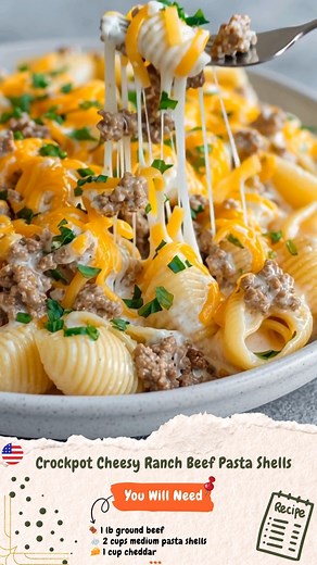 2K views · 21 reactions | Crockpot Cheesy Ranch Beef Pasta Shells Tender beef and pasta shells slow-cooked in creamy ranch cheese sauce — a crowd favorite! 龍燎 Ingredients  1 lb ground beef 龍 2 cups medium pasta shells 燎 1 cup cheddar 1 cup cream cheese 1 packet ranch seasoning 2 cups broth Directions Add all ingredients to the crockpot. Cook low 6 hours or high 3 hours. Stir before serving. #CrockpotRecipes #CheesyPasta #FamilyDinner | Speedily Recipes | Facebook