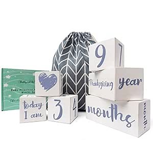 Baby Milestone Blocks - Lilac Font - USA Certified Non Toxic Age Blocks For Baby Pictures - 52 Weeks - Eco Friendly Natural Wood Newborn Gift For Baby Boy or Girl - Monthly Milestone Blocks for Photos