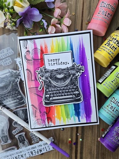 The type of birthday card that makes us smile 🌈🖨️ Created by @luv2papercraft using Tim Holtz Distress Paints—because colorful wishes never go out of style. Supplies: Tim Holtz Distress: -Paint: Worn Lipstick, Picked Raspberry, Candied Apple, Abandoned Coral, Mustard Seed, Twisted Citron, Mowed Lawn, Salvaged Patina, Prize Ribbon, Shaded Lilac, Wilted Violet, Black Soot, Picket Fence -Archival Ink: Black Soot -Heavystock Ranger -Specialty Paper -Heat It™ Craft Tool Dina Wakley #8 Brush Tim Holt