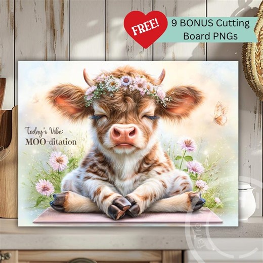 Meditating Cow Cutting Board PNG • Moo‑ditation Cow Art • Farmhouse Kitchen Sublimation • Spring Cow PNG - Etsy