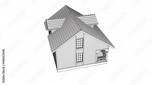 The cartoon-style animation of a frame house under construction. High-quality 3D render of the detailed house structure. 3D illustration of house with slabs, interior walls, pitched roof.