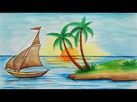 How to draw scenery of Island with water colour step by step