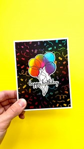I love how bold this birthday card is!🤩🥳 First, I ink blended the background using Simon Hurley inks in the colors: prom queen, shooting star, and clear skies. I love these color because they create beautiful new colors when overlapped.❤️ Then, I stamped the Confetti background stamp onto the inked background and clear heat embossed the design. This locks the color in that is underneath the embossing. I blended black ink all over the background which allows for bold contrast against the colorf