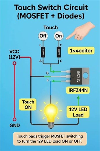 Touch ON-OFF Switch Using MOSFET | 12V LED टच से कंट्रोल करें!
