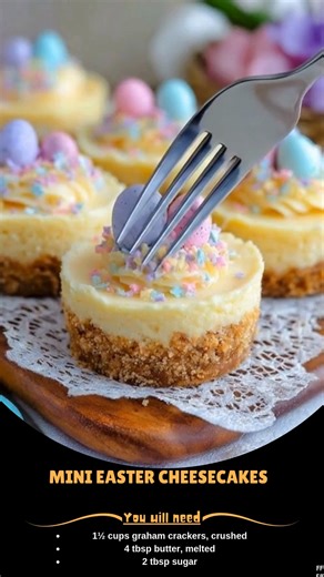 Mini 😸 Easter Cheesecakes 🧁 What You’ll Need For the Crust: • 1½ cups graham crackers, crushed • 4 tbsp butter, melted • 2 tbsp sugar For the Cheesecake Filling: • 16 oz cream cheese, softened • ¾ cup powdered sugar ..... Full Recipe in Coʍmеոτ 💬 🐞 | Tasty Recipes