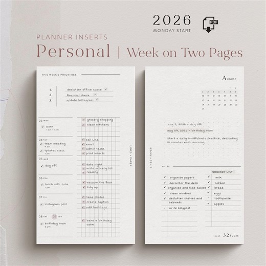 Personal Planner Inserts 2026 | Weekly Horizontal Planner | Filofax Personal Inserts | 6 Ring Planner Refills | Printable PDF Download - Etsy