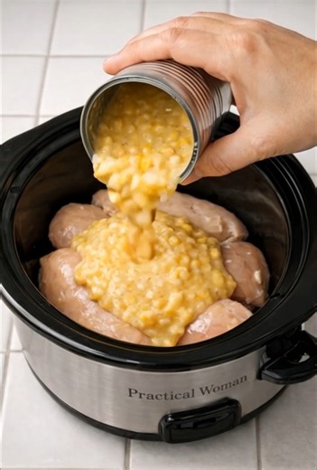 Slow Cooker Amish Chicken Corn Noodle Supper Recipe Ingredients 2 pounds boneless, skinless chicken breasts 2 cans (14.75 ounces each) cream style corn 2 cups chicken broth 8 ounces wide egg noodles (about half a standard bag) 1 teaspoon salt (or to taste) 1/2 teaspoon black pepper (or to taste Directions Place the raw chicken breasts in the bottom of a 5- to 6-quart slow cooker, arranging them in a single layer as much as possible. Open the cans of cream style corn and dump them evenly over the