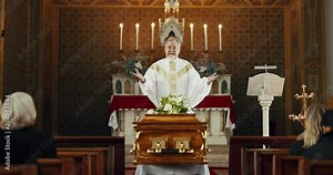 Coffin, church and priest at funeral service, blessing or family to celebrate life, worship or faith. Casket, burial and memory with pastor, talk or audience of people at farewell, eulogy or religion