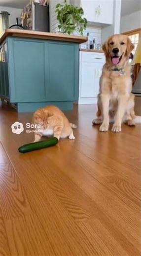 The orange cat was frightened by the cucumber #puppy #rottweiler #chihuahuafanclub #funnydogs #funny