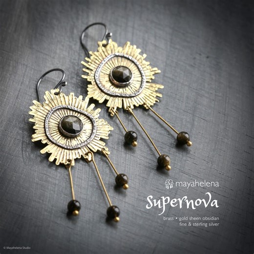 Supernova - Obsidian Brass & Sterling Silver Earrings - Etsy