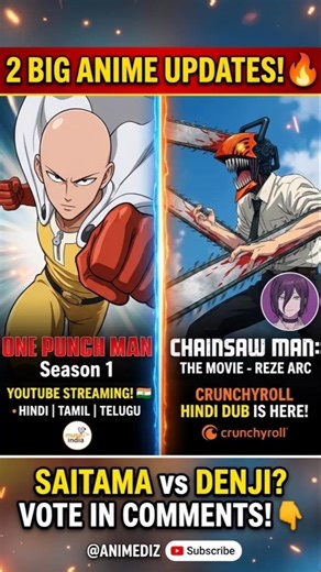 2 BIG Anime Hindi Dub Updates! 😱 OPM & Chainsaw Man Reze Arc! | #shorts #Animeupdate