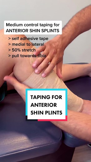 Medium-control taping job using self-adhesive tape for anterior shin splints. This is a great taping job to use during sports as it gives moderate support, yet stretch and flexibility. #taping #shinsplints #shinpain #shintaping #sportstaping #injurytaping #athletictaping #anteriorshinsplints #calfinjury #chiropractor #kinesiotape @QubeCore Sports & Rehab