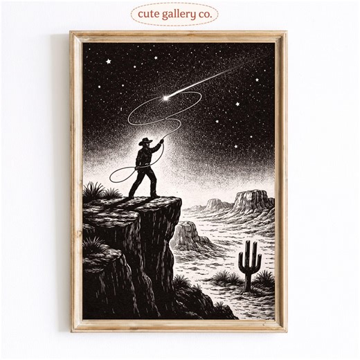 Cowboy Lassoing Shooting Star Poster, Western Night Sky Wall Art Print, Desert Cowboy Illustration Decor - Etsy
