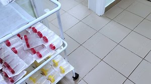 Empty urine containers for medical analysis at clinic lab.