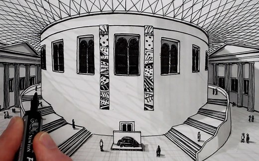 【绘画技巧】1点透视画建筑图（大英博物馆）