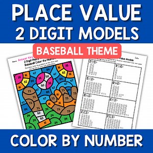 Baseball Place Value Color by Number 2 Digit Models Base 10 Blocks Fun Activity
