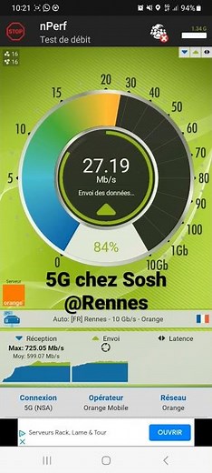 Speedtest 5G Sosh (NSA) à plus de 700Mb/s en DL @Rennes