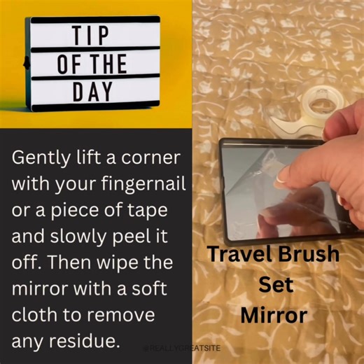 Tip of the Day ✨ Before using your travel brush set, peel off the clear protective film on the mirror. Why? • It prevents a distorted or cloudy reflection • Stops tiny scratches from the brushes rubbing against it • Gives you a crystal-clear view for precise makeup application Quick Tip: Gently lift a corner with your fingernail or a piece of tape and slowly peel it off. Then wipe the mirror with a soft cloth to remove any residue. ✅ Now your mirror is ready for flawless on-the-go application! |