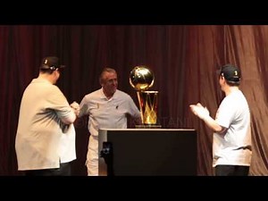 Pat Riley dances during 2013 Championship parade introductions